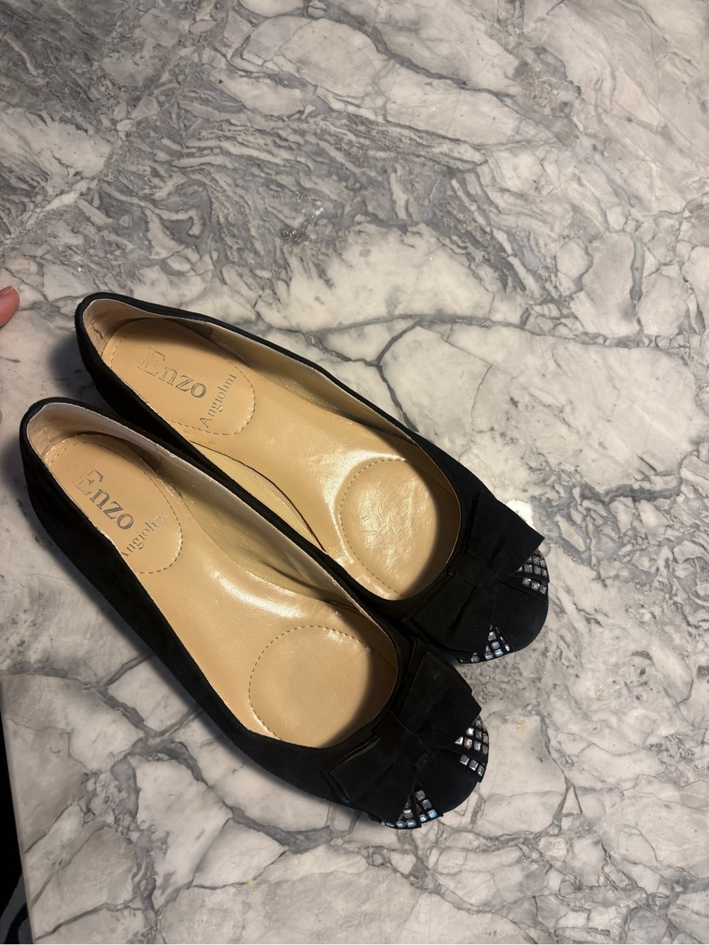 Enzo Angiolini Black Real Suede Bow Ballet Flats with Crystal Accent